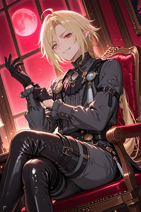 masterpiece, best quality, good quality, very aesthetic, absurdres, newest,
1boy, solo, bishounen, 
<lora:HugoVladIllustriousV2:1> hugovlad, long hair, blonde hair, hair between eyes, low ponytail, ahoge, heterochromia, grey eyes, red eyes, pointy ears, mole under eye, multiple moles, braided ponytail,
boots ,frilled sleeves ,frills, (thigh boots:1.2) , pants, long sleeves ,male focus,
smirk, black gloves, adjusting gloves,
sitting, crossed legs, indoors, window, red moon, on chair, lens flare, dutch angle, light rays,
<lora:Bright_style:0.3> Bright_illu,sparkle,too many light particles, <lora:XXX477:0.5> xxx667_illu, glowing, (glitch:0.5) <lora:MoriiMee_Gothic_Niji_Style_Illustrious_r1:0.8> artist:moriimee