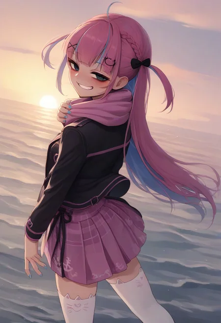 score_9, score_8_up, score_7_up,
1gril, source_anime, source_cartoon, Cinematic still,Cinematic lighting,Sunset,Volumetric lighting,Beach,Nikon Z6,cowboy shot,Silhouette shot, back, from above,
aquauni, x hair ornament, hairclip, hair bow, black bow, white shirt, pink skirt, pleated skirt, plaid skirt, high-waist skirt, black jacket, open jacket, pink scarf, white thighhighs, cat ear legwear, nail polish, blue nails, enpera, anchor print,
long hair, naughty face, half closed eyes, small breasts, grin, eyeliner, makeup, ((inward_v)), ((inward_peace)), (bags_under_eyes), blush