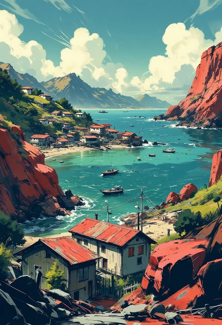 in the style of ck-mgs, nistyle, Special Ink-drawing mode, intricate linework with expressive contrasts, Mh1$AgThS2, Inkplash art on rice paper, An idyllic coastal village with striking red rock formations set against the backdrop of crystal-clear turquoise waters. The atmosphere is serene and sunlit, with soft white clouds dotting the sky, offering a peaceful retreat amidst nature's beauty.