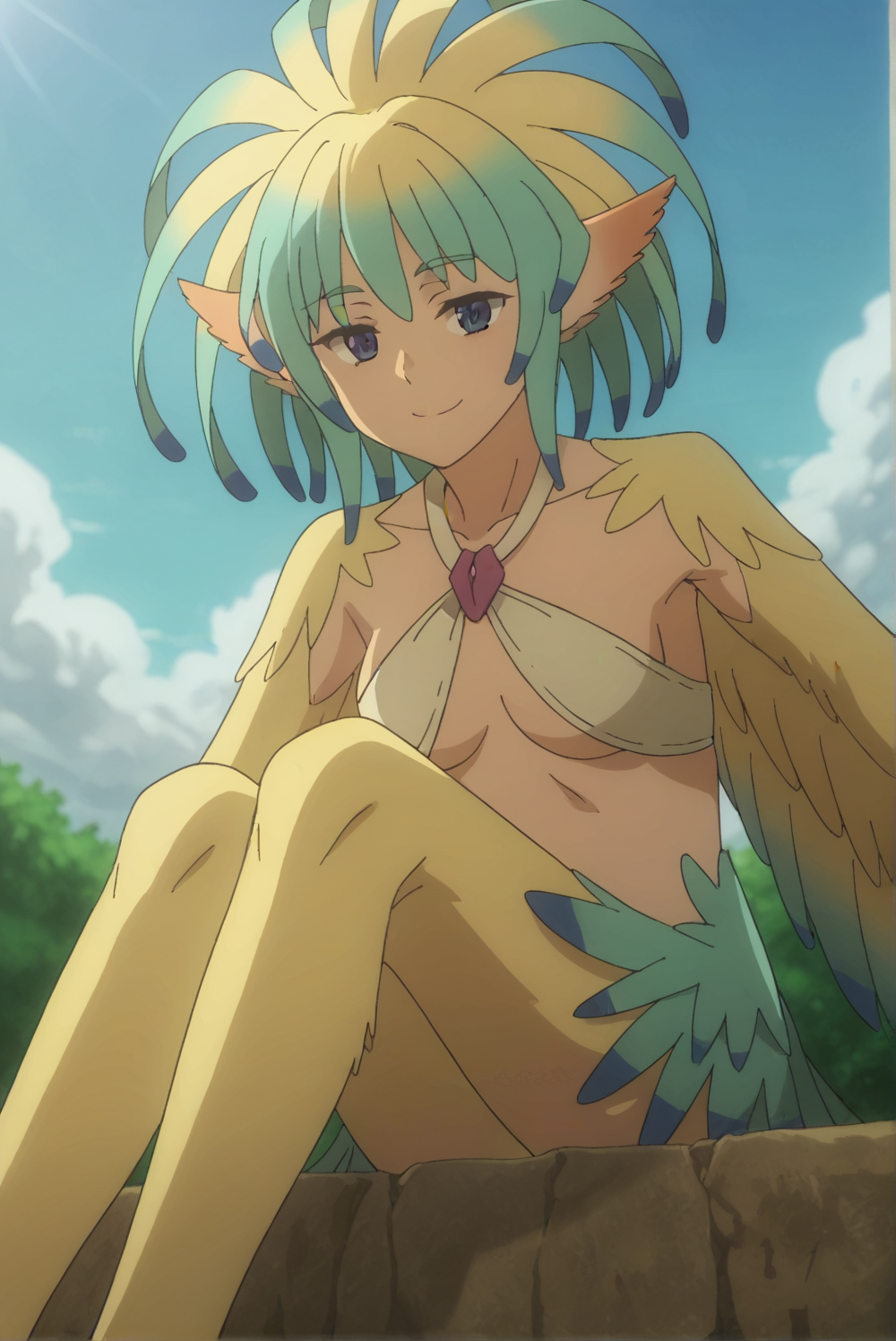 <lora:Ray:0.8>, white background, Ray, 1girl, solo, smile, wings, sky, day, cloud, feathered wings, sitting, bird legs, legs up,