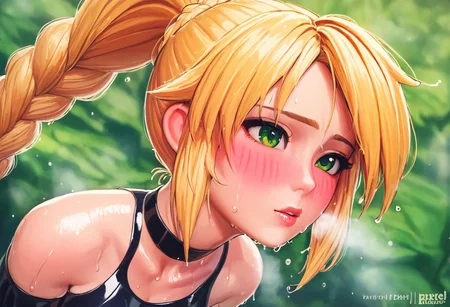 <lora:PixelSketcher:1>, pixelsketcher, - (masterpiece, best quality), 1girl, collarbone, {{Blonde}},{{Blonde hair colour}}, {{long hair}}, {{short twin braids}},{{ponytail hair}},{{green eyes}, blushing, in heat, wet transperent latex, wet look, sweaty, sweat, leafa,1girl