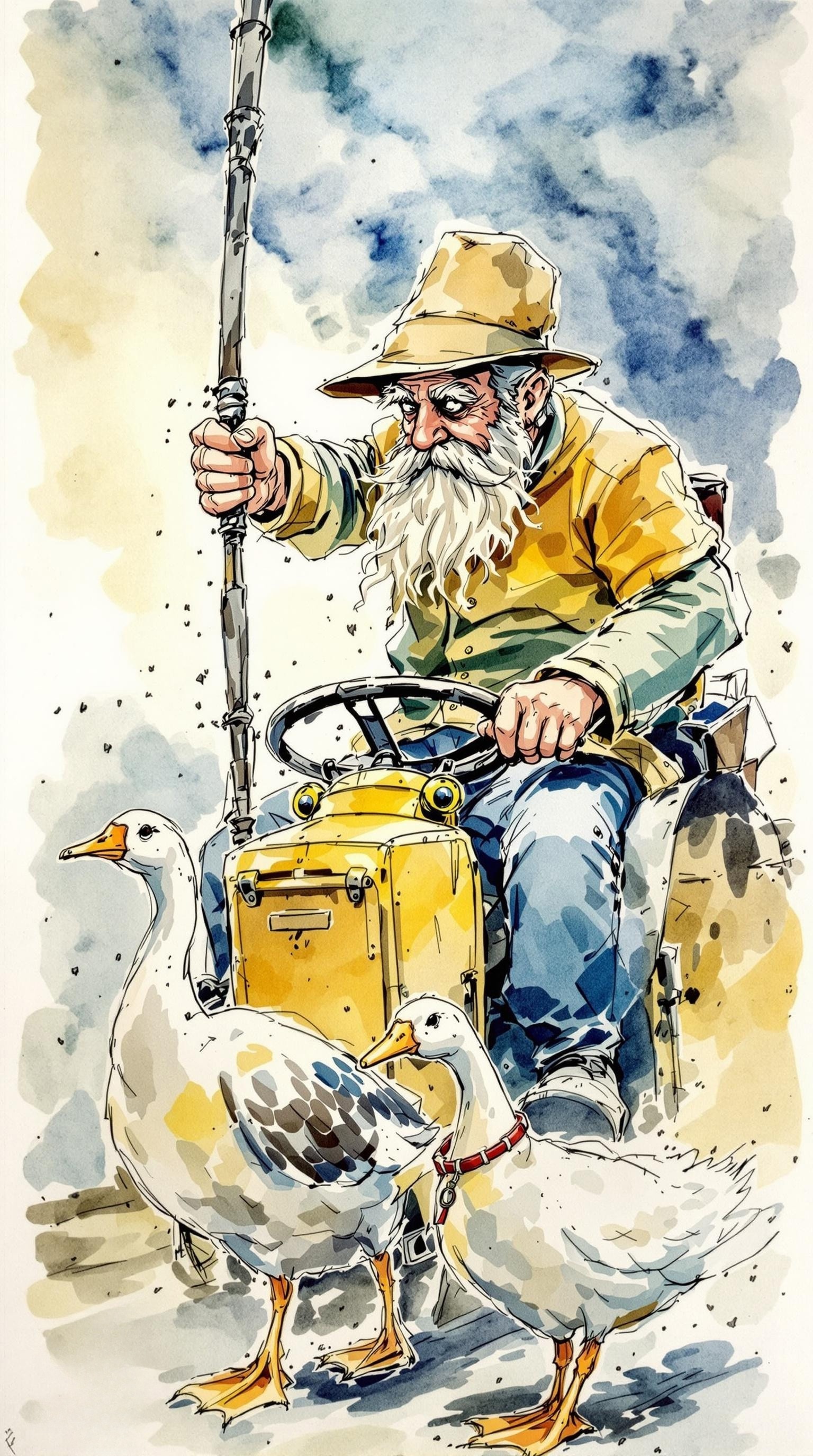 Old man driving blue-yellow with handle, accompanied by a goose, by Jean-Baptiste Monge, watercolor and ink, intricate details, fantasy, beautiful, award winning, colorful, fantastic view, crisp quality