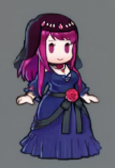 masterpiece, best quality, 1girl, solo, smile, <lora:Feh-Sprites-illus_Fp:1> simple background, chibi, full body, <lora:IvyFE-illu:1> som, purple hair, long hair, purple eyes, veil, casual dress, purple dress, large breasts, cleavage, long sleeves, rose choker, necklace, waist ribbon
