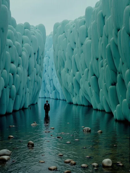 <lora:Florate Flux_v2_epoch_3:0.9> An Norwegian stretched Surrealism photograph of savoy blue and cerulean and persian green scene with many pale lobes of differing sizes. squally lake. Victorian gentleman. People, animals and characters are elongated.