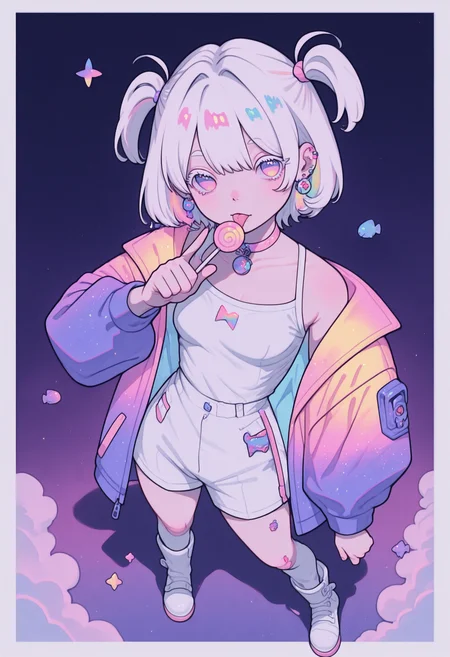 8k, 4k, masterpiece, vibrant colors, best quality, ultra detailed, highly detailed, hyper-detailed,
(from high above,  fish eye),
rainstorm,
(clothes and hair blown strongly by the wind, disheveled hair),
BREAK
torso shot,
floating  portrait of stunning girl pointing pistol at viewer, heroic pose, short bangs, multicolored white hair, bobcut hair,
pastel cyan eyes, choker, hair over one eye,
small breasts, ear pierces,
ultra detailed decorative victorian gossamer clothes, over sized holographic color hazard jacket,
white short boots,
dark noisy pastel gradient purple  abandoned park background (with extremely thick white border on all four sides ),
half closed eyes, unfocused eyes,
emotionless, looking away, white thick eyelashes,
(licking a lollipop), pointing neon multicolored pistol at viewer, dramatic perspective,
thick clouds in background,
,
holographic color highlights, backlight,
eye_focus, g0thic, qxys, neon, [[[[flowing hair]]]], Flatline, haiz_ai,
gyuing_illu, chromatic aberration,
<lora:eye_focus:0.35>
<lora:holographiccolor:0.66> <lora:TrendCraft_The_Peoples_Style_Detailer-v1.0A-3_13_2025-illustrious:0.125>
<lora:flatline:1.25>
<lora:gyuing666:0.75>   <lora:PetraStyle:0.8>
