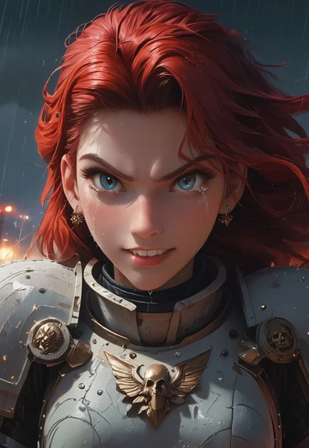 1girl, solo, 24 year old woman, large body, running:1.4, beautiful, long hair, dark red hair, freckles:1.4, face uplifted:1.6, looking up, looking at the sky, earrings, (fierce) grin:1.5, crying:1.5, teeth clenched:1.4, angry smile:1.5, wide hips, knight armor:1.5, heavy armor, gauntlets, greaves, bright blue eyes, rain falling on her face:1.5, tan skin, tears on chin, tears on cheeks, action pose:1.3,

dusk, after battle, muddy field, some grass, fallen soldiers around her:1.4, storming, dark gray sky, dark sky:1.4, streaming banners, battlefield, intense rain:1.3, dreary, raining, overcast, mountains and hills in the background,

score_9, score_8_up, score_8, masterpiece, best quality, official art, extremely detailed, CG unity 8k wallpaper, absurdres, high definition, photorealism:1.5, detailed shading, high contrast, ambient occlusion, vivid colors:1.5, saturated colors:1.6, 

dynamic angle:1.3, cowboy shot:1.6, cinematic,

expressiveh, whites40k, tears, 