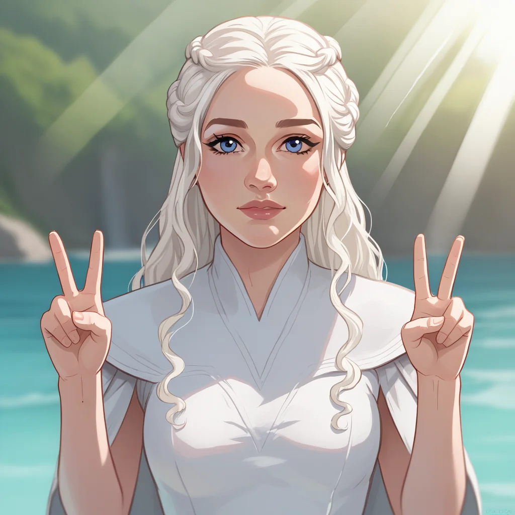 score_9_up, BREAK, DAENERYS, 1girl, solo, white hair, long hair, blue eyes, white dress, upper body, double v, looking at viewer, <lora:DaenerysTargaryen_PXL_Leaf1:0.8> , summer, depth of field, light rays,