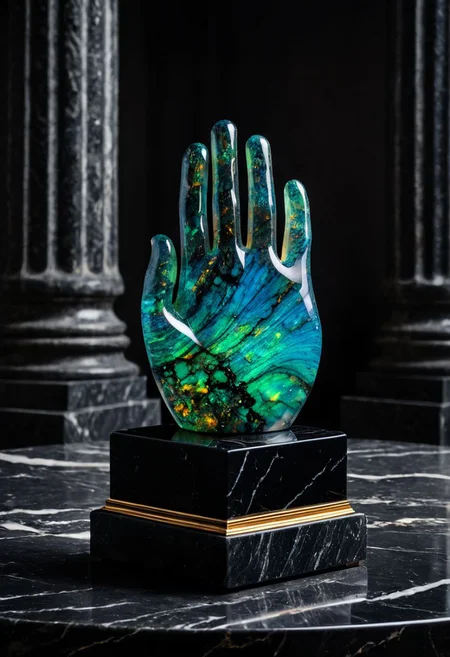 Fujifilm XT3, Sony A7 IV, (award winning photography) a (black: 0.89) marble hand made of opal (Kintsugi: 0.89) set on a pedestal in temple, glistening. in the background beautiful pillars, divine (iridescent: 0.79), opalescent textures, volumetric light, ethereal, sparkling, studio photo, highly detailed, sharp focus (highest quality: 1.39) (highest coherency: 1.39) (award winning photography), highly detailed photography, (muted colors, cinematic, dim colors, soothing tones:1.2), vibrant, insanely detailed, hyperdetailed, (dark shot:1.2), (vsco:0.3), (intricate details:0.9), (hdr, hyperdetailed:1.2) (vignette), sss, raw photo, fijifilm, kodak, cinematic film grain
