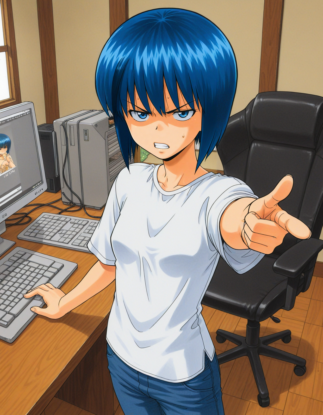 anime artwork <lora:Hyper-SDXL-8steps-lora:1>,(caption:-1.5), (text:-1.5),(logo:-1.5),(key:-1.5),
masterpiece,best quality,highres,
japanese room,(computer:1), desk, office chair, window,
<lora:loveyan_IL:1>
(solo:1.5),
loveyan 1girl, short hair, blue eyes, blue hair,shirt,denim pants, 
(shaded face,:1.5) ,(glaring:1.5),pointing at viewer, 
(from above:1),  . anime style, key visual, vibrant, studio anime,  highly detailed