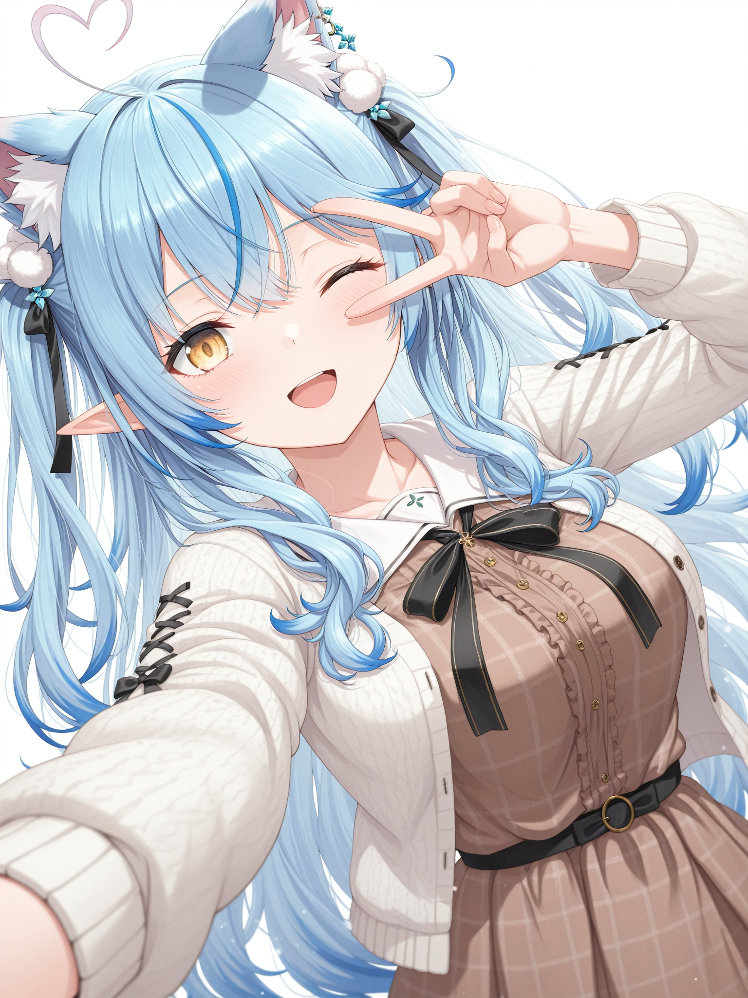 highres,hi res,best quality,masterpiece,intricate details,absurdres,4k,anime screencap,anime coloring,
sexually suggestive,
TRexStudio,anime screencap,score_9,score_8_up,score_7_up,source_anime BREAK best quality,((masterpiece)),highly detailed,ultra-detailed,(illustration),<lora:Yukihana_Lamy:1>,
face_focus,(reaching towards viewer:1.2),outstretched arm,open mouth,front view,upper_body,light_blush,panorama,:d,reaching towards viewer,one eye closed,sparkle,blush,face_focus,bokeh,dynamic_angle,cinematic_angle,dutch angle,foreshortening,fisheye,white_background,simple_background,v over eye,Yukihana Lamy,elf,pointy ears,blue hair,streaked hair,heart ahoge,yellow eyes,lamycasual,long hair,two-side up,hair bow,white cardigan,brown dress,plaid dress,frilled dress,black bow,black socks,pom pom hair ornament,hair clip,animal ears,cat ears,animal ear fluff,