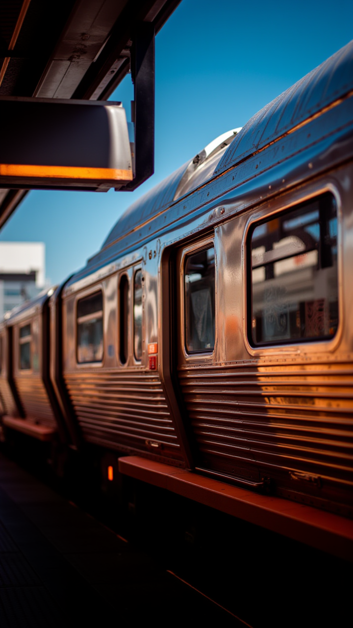 Digital art, The iconic silhouette of the subway car is depicted in a vibrant and dynamic digital artwork. Its sleek, metallic exterior gleams in the sunlight, aidmaHyperrealism