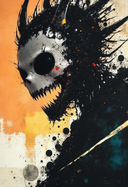 an adroit d3press1on illustration, in the playful scribble drawing style. triadic complementary colors, dark and moody surreal nightmare of an eerie laugh, a mouth distorted, wide grin, and full of sharp nails, in the realm of the damned dreaded souls, teal and orange color grading, yellow abstract geometric gradients stain the orangish background
