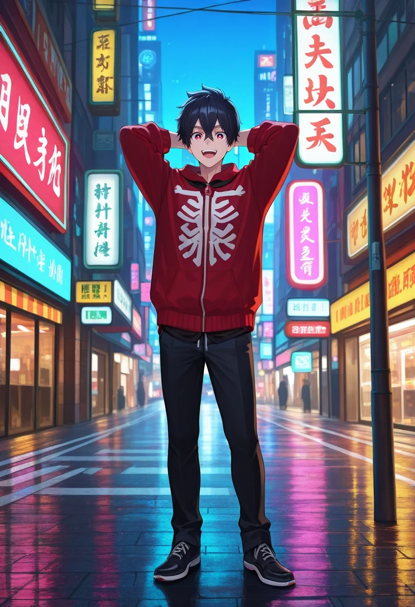 masterpiece, best quality, , (realistic:0.6), , 1boy, solo, male focus, <lora:kabane_kusaka_ilxl:0.92>, kabane_kusaka, black hair, red eyes, short hair, hair between eyes, kusaka kabane, , rule of thirds, hong kong \(city\), traffic signals, street lights, neon signs, midnight, arms behind head, :D, Cropped chinos, Fleece pullover, Derby shoes, ,