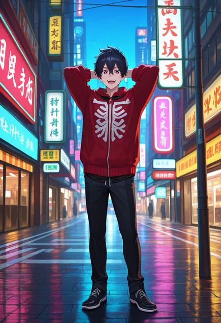 masterpiece, best quality, , (realistic:0.6), , 1boy, solo, male focus, <lora:kabane_kusaka_ilxl:0.92>, kabane_kusaka, black hair, red eyes, short hair, hair between eyes, kusaka kabane, , rule of thirds, hong kong \(city\), traffic signals, street lights, neon signs, midnight, arms behind head, :D, Cropped chinos, Fleece pullover, Derby shoes, ,