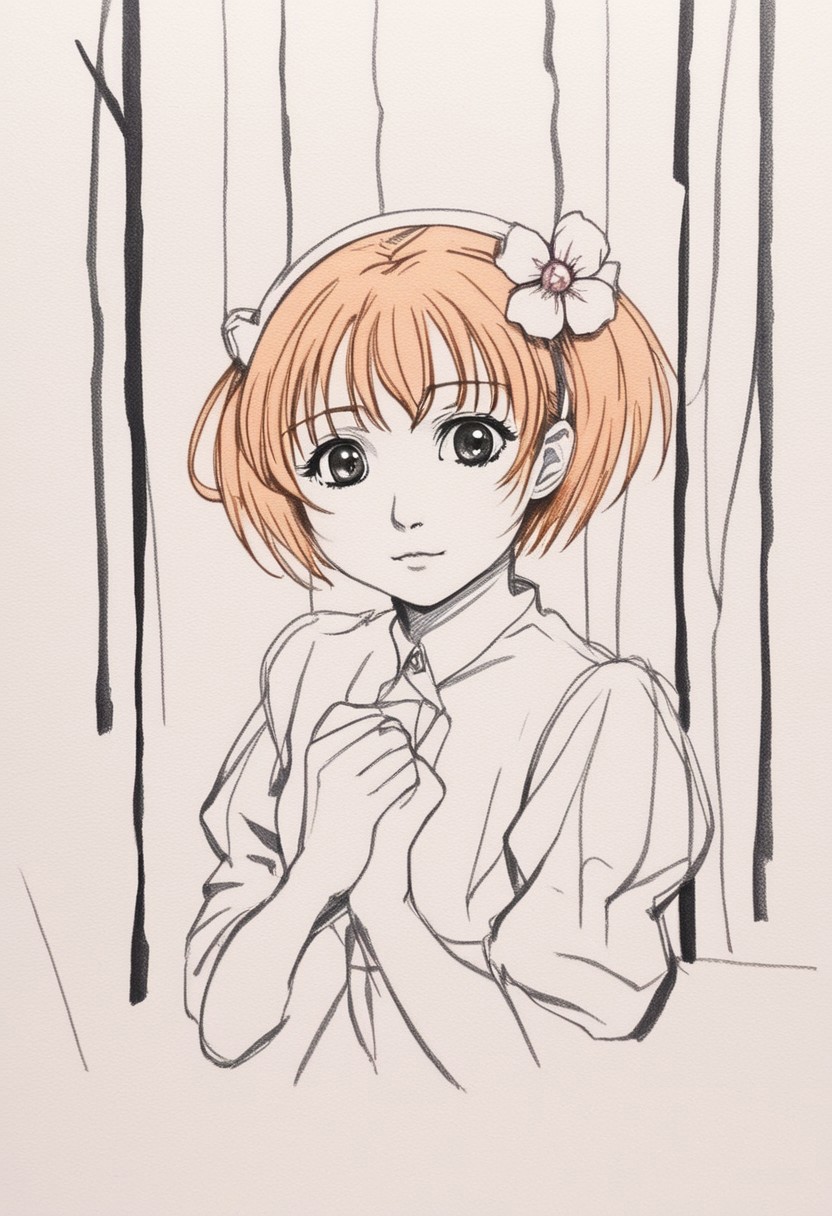 1girl, solo, pencil sketch with bold lines. Sakura card captor, masterpiece, best quality.