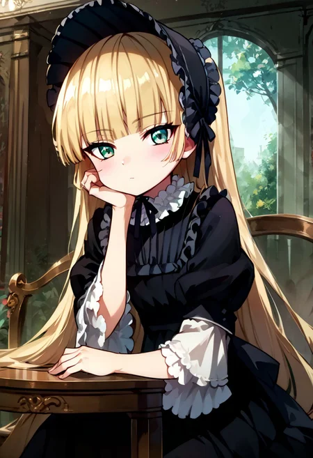 score_9, score_8_up, score_7_up, source_anime, 1girl, solo, flat chest, blush, victorique de blois, blonde hair,long hair,blunt bangs,green eyes,black bonnet, hairband,chin strap, gothic, black dress, long dress, ribbon, frills,pantyhose,black shoes, indoors, expressionless, looking at viewer, solo, sitting, (head rest, table), cowboy shot, dutch angle,