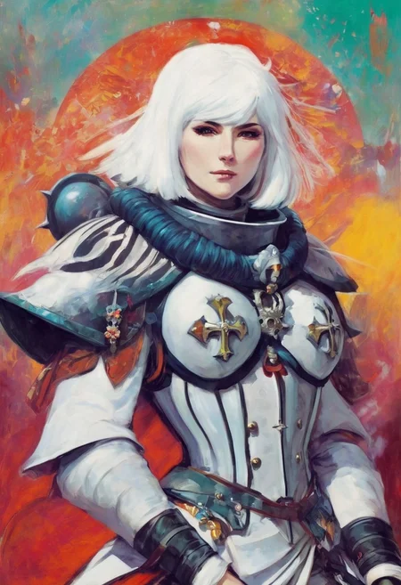 Fauvism Art of warriror nun lady, adepta sororitas, adepta sororitas power armour, short white hair, in dreamlike scenery, whirling colours,, rpg, gothic, medieval, dark, painterly, bold colors,