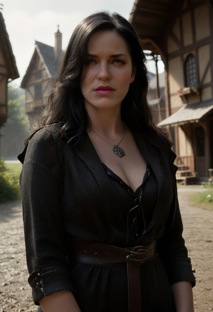 score_9, score_8_up, score_7_up, score_6_up, score_5_up, score_4_up, portrait of a Witch, yennefer_w3 witch, black hair, dark purple fire light, necklace,open hands,long legs, purple eyes,cleavage,leather jacket with black crow feathers shoulders, long hair,old wooden houses,dark fantasy,,run down fantasy village,vegetation,worn dirt path,(realistic:1.15),(photorealism:1.15),score_9, score_8_up, score_7_up,volumetric lighting,DOF,film grain,high detail,detailed background,high resolution,masterpiece,Ultra detailed,hyper detailed,
