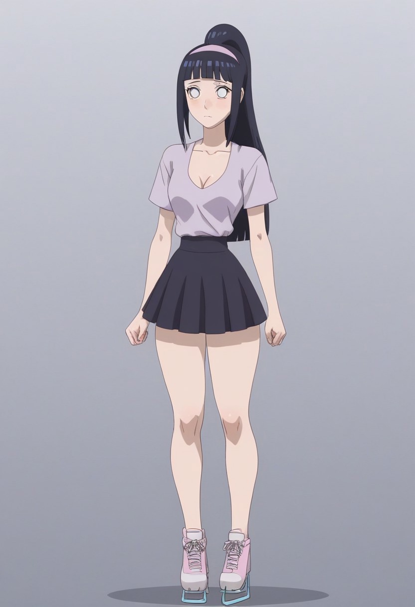 1girl, solo, (hinata, hyuuga hinata, purple eyes, blunt bangs, black hair, white eyes, no pupils, hyuuga hinata, bangs, blunt bangs, dark blue hair, white eyes, no pupils, big boobs,
solo, blush, embarrassed, expressionless, 
Fullbody, sexy, perfect body, hourglass figure, cleavage, butt, thick thighs, small waist, natural breasts, skin pores, detailed skin,
High ponytail, hairband, 
skirt,shoes,
m_miketa,
Ice skating rink,
 masterpiece, best quality
Expressiveh, g0thicPXL,