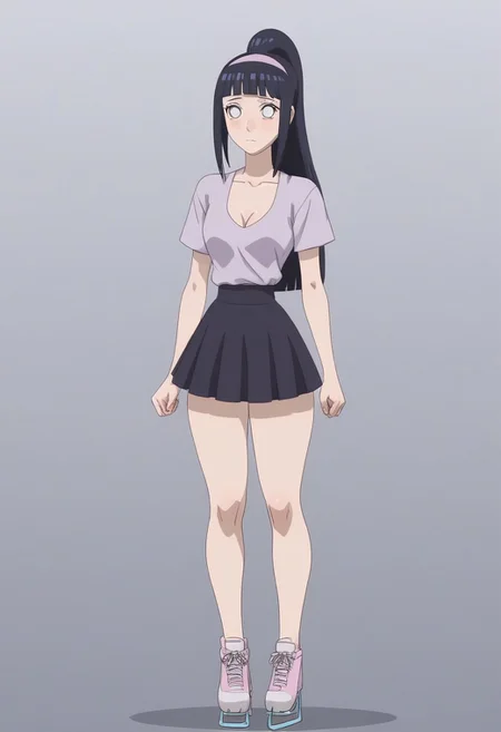 1girl, solo, (hinata, hyuuga hinata, purple eyes, blunt bangs, black hair, white eyes, no pupils, hyuuga hinata, bangs, blunt bangs, dark blue hair, white eyes, no pupils, big boobs,
solo, blush, embarrassed, expressionless,
Fullbody, sexy, perfect body, hourglass figure, cleavage, butt, thick thighs, small waist, natural breasts, skin pores, detailed skin,
High ponytail, hairband,
skirt,shoes,
m_miketa,
Ice skating rink,
masterpiece, best quality
Expressiveh, g0thicPXL,