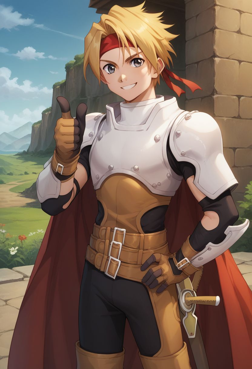 score_9, score_8_up, score_7_up, source_anime, 
cress, armor, solo, red cape, 1boy, thumbs up, cape, headband, red headband, gloves, male focus, hand on hip, weapon, sword, blonde hair, smile, breastplate, boots, belt,
outdoor,
