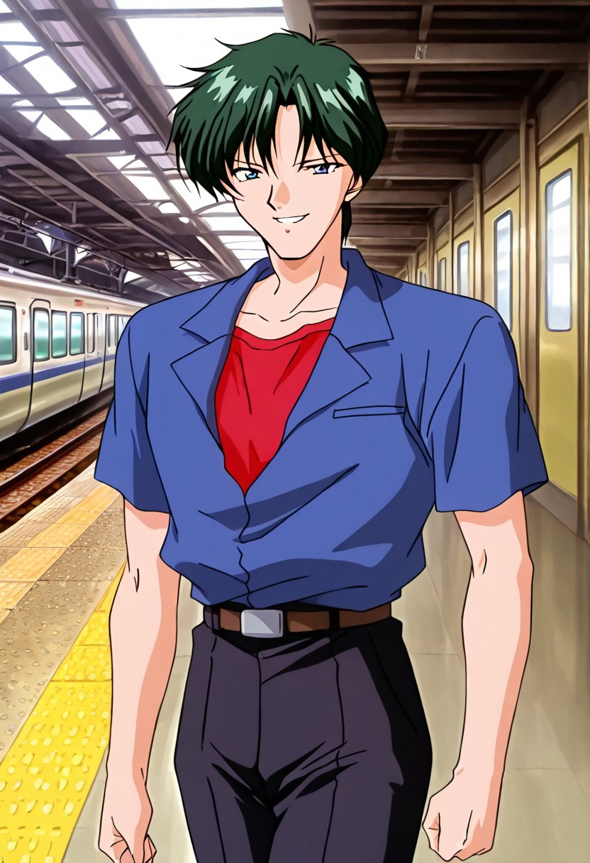 1990s (style), cel animation, <lora:anime_screencap-Illustrious:1>, anime screencap, anime coloring, amazing quality, very aesthetic, absurd resolution, masterpiece, 4k resolution, perfect anatomy, perfect eyes, (hand with four fingers and one thumb), BREAK (<lora:CD11_kenzai_ill-10:1>, Kenzaki_CD11, 1boy, dark green hair, short hair, grey eyes, red tshirt, (blue jacket, short sleeves), black trousers, belt,), BREAK walking, looking at viewer, smug, grin, cowboy shot, BREAK (train station, platform, benches, )
