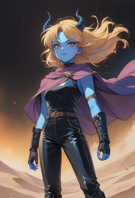 watercolor \(medium\), traditional media, ncpy13 style, pastels drawing, abstract painting, <lora:ncpy13 style:1>, score_9, score_8_up, score_7_up, Detailed, semi-realistic 90s dark fantasy anime, Vintage,1990s \(style\), perfect eyes, partially illuminated, GLSHS, InkToon,
BREAK
1woman, 25yo, mature, Anime_source, (4k), depth of field, (Masterpiece), extremely detailed, intricate, small breast, hyper detailed, bokeh, high resolution, sharp detail, best quality, woman, (blue skin:1.3), long hair, blonde hair, red eyes, breastplate, arm guards, purple cape, fur trim, black leather pants, purple waist cape, tall iron boots, <lora:GoodHands-vanilla:0.4>, <lora:detail_slider_v4:0.8>, dynamic pose, (standing), <lora:Rona:0.8>, sand dunes, desert, desert city night, dust particles,
BREAK
from below view, looking at viewer, devil horns , black