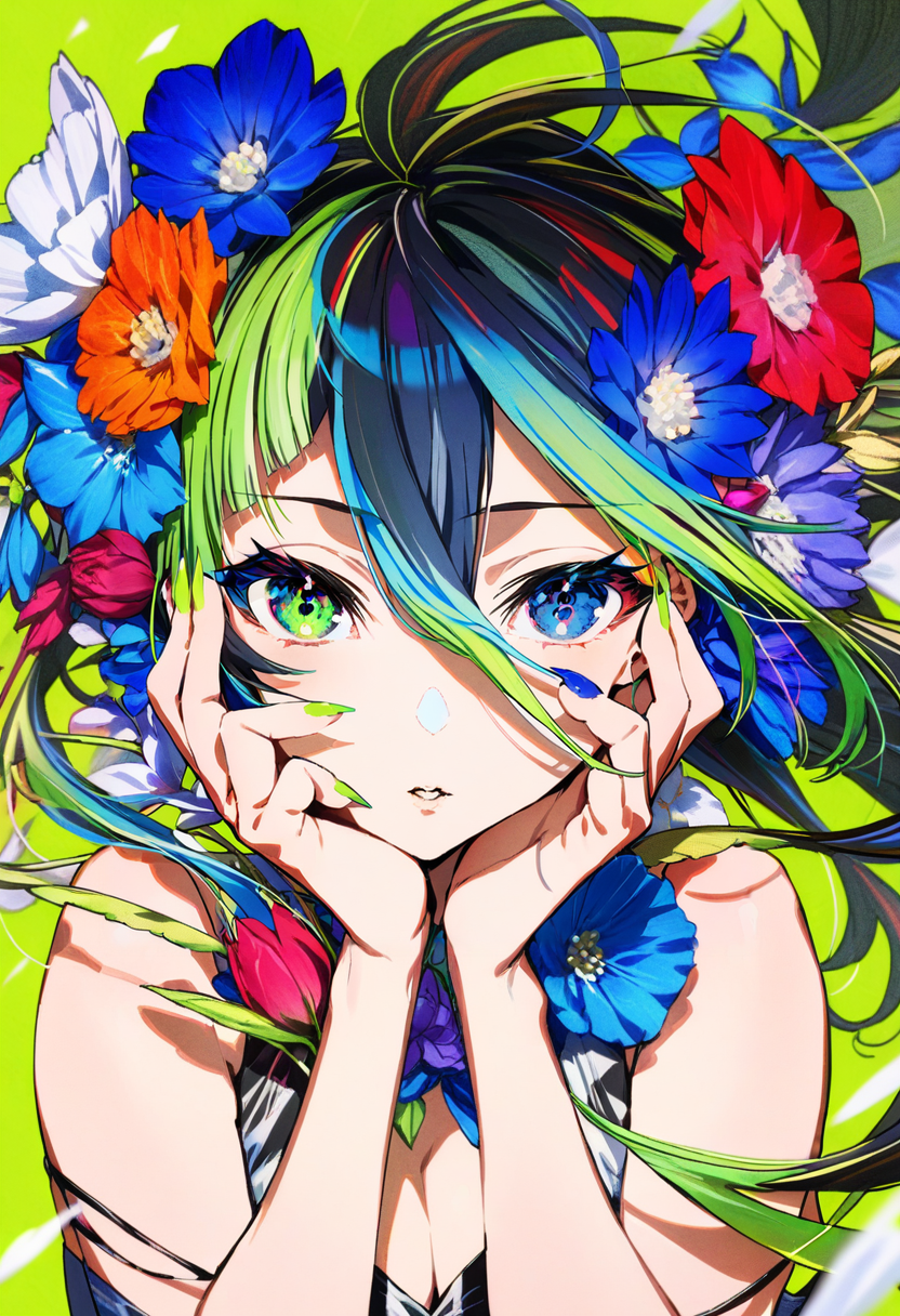 masterpiece, best quality,<lora:MikaPikaZoXL_ANI31_lokr_V4302:0.95> 1girl, flower, solo, heterochromia, looking at viewer, blue eyes, hair flower, green nails, hair ornament, hands on own face, parted lips, red flower, long hair, nail polish, blue hair, blue flower, bare shoulders, colorful, hair between eyes, portrait, upper body, hands up, blue nails, hands on own cheeks, black hair, multicolored nails, white flower, sleeveless, multicolored hair, green hair, floating hair, green background