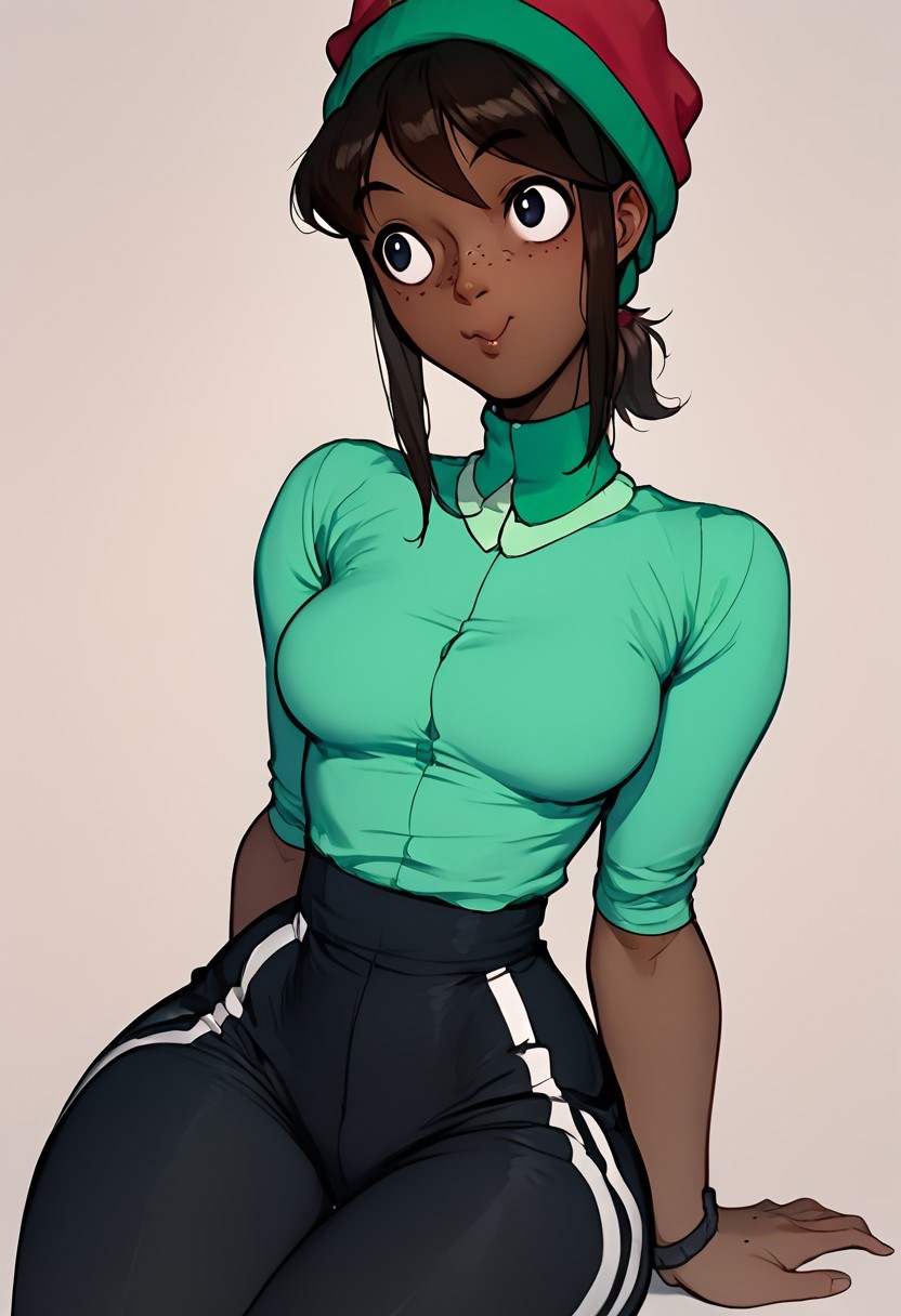 1 girl , kawaii girl , SkylaCruzPXL,
Skyla,freckles, dark skin, dark-skinned female,black hair,black eyes, short ponytail,short hair, ponytail,beanie, multicolored beanie, slim
  pants, green shirt
,(large hips  , wide hip , narrow waist , medium breasts) ,
 , sitting on coach, cute,
zPDXL3 , score_9 , score_8 , score_7 , score_6_up , detailed face , detailed eye , perfect face , attractive ,