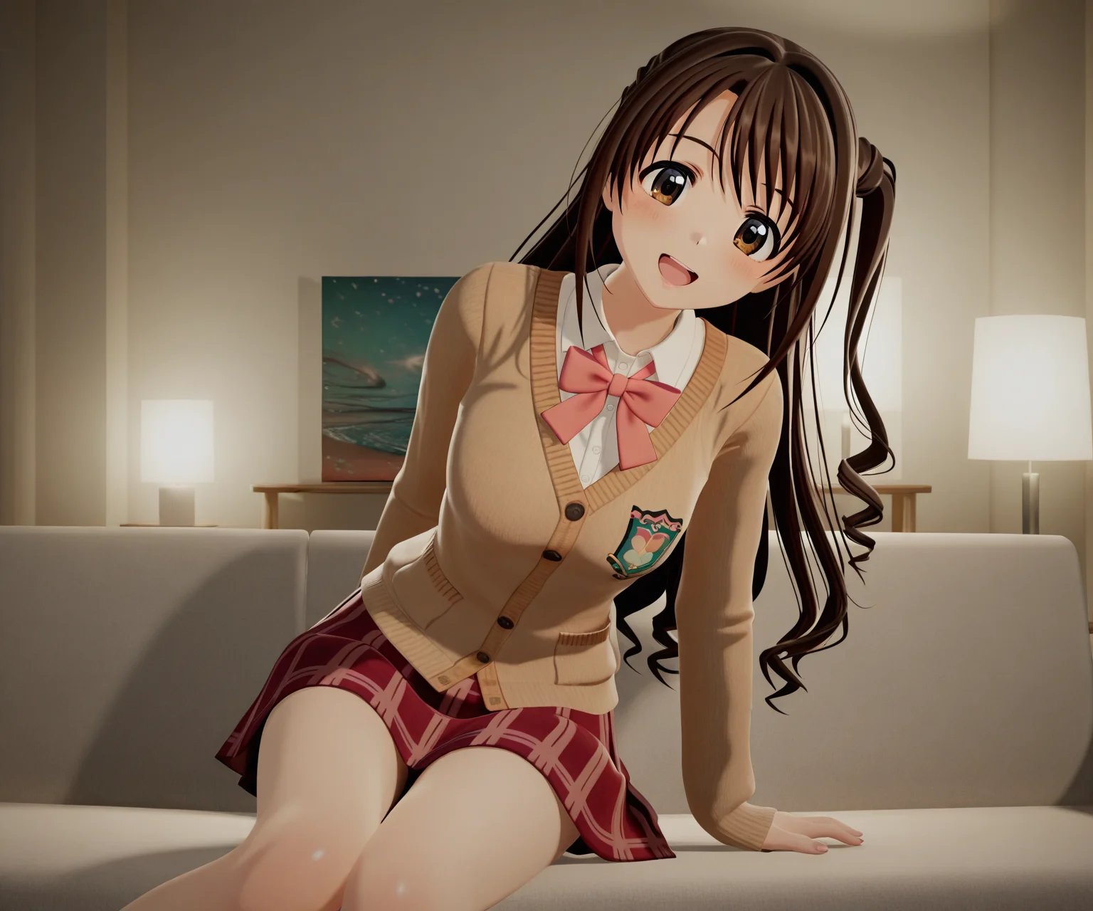 masterpiece, best quality, amazing quality, , 1girl, solo, looking at viewer, shimamura uzuki, cardigan, shirt, skirt, smile, open mouth, <lora:New Kizuna AI ILL-v2:1> newkizunaai, 3d,