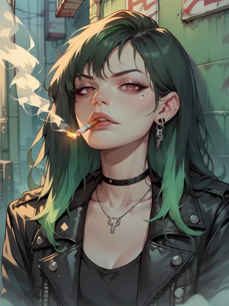 score_9, score_8_up, score_7_up, score_6_up, score_5_up, <lora:cigarette2XLP:1> cigarette, 1girl, solo, cigarette, smoking, smoke, leather jacket, green hair, multicolored hair, earrings, black jacket, black hair, necklace, long hair, looking at viewer, black choker, black shirt, lips, mole, upper body, open jacket