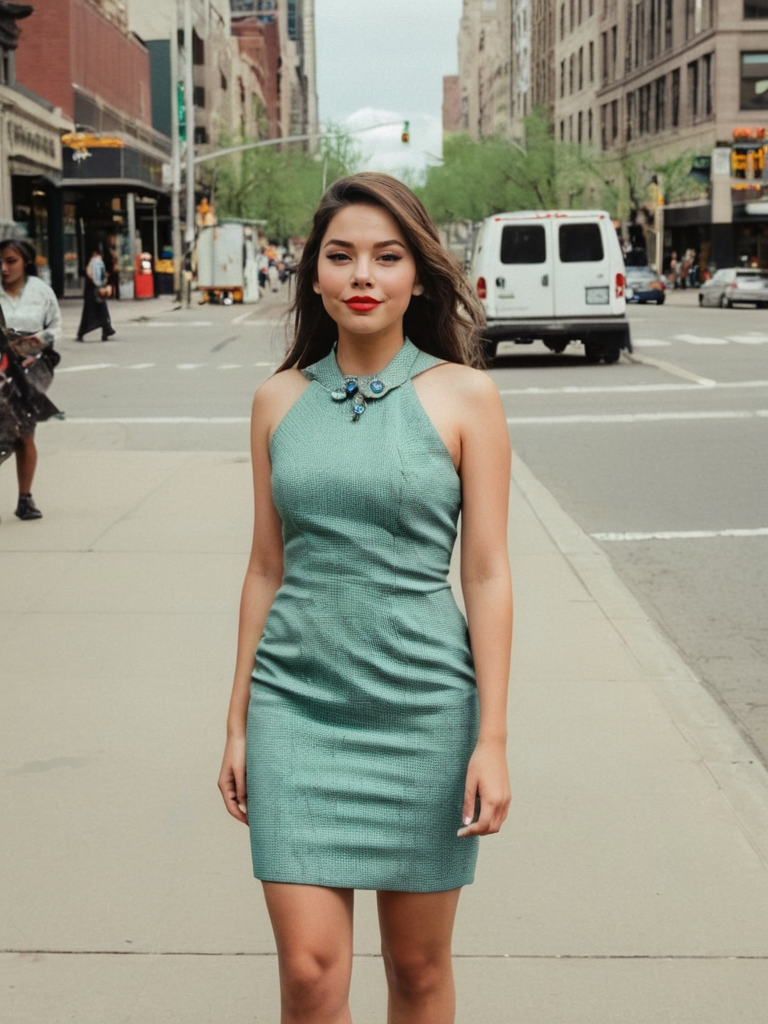Analog photo of Nellie_LaPlace_P_MXAI_SDXL fashion photoshoot, wearing a business dress, metropolitan street