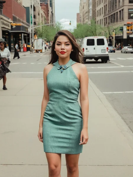 Analog photo of Nellie_LaPlace_P_MXAI_SDXL fashion photoshoot, wearing a business dress, metropolitan street