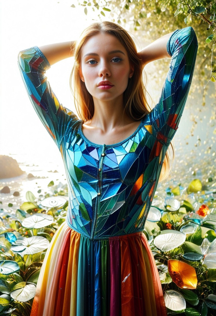 glass shard, 1girl, (close up:1.6), (sharp focus:1.2), round cheeks, upturned nose, (detailed eyes:1.1), (thick lips:1.1), 32K, HDR. hyper realistic, realistic eyes, beautiful lighting, sunlight, score_9, score_8_up, score_7_up, score_6_up, masterpiece, high quality, (best quality:1.1), 1girl, (hands behind the head:1.6), standing, looking at viewer, (vulcano:2), 28 years old, Solo, strong, secure, confident, (slim waist:1.7), realistic, hyper realistic, beautiful, pretty, (fully dressed:2.7), complete clothing, (covered body:2), solo, Ingrid, Cantarella, long hair, purple hair, earrings, blue eyes, long colorful dress.