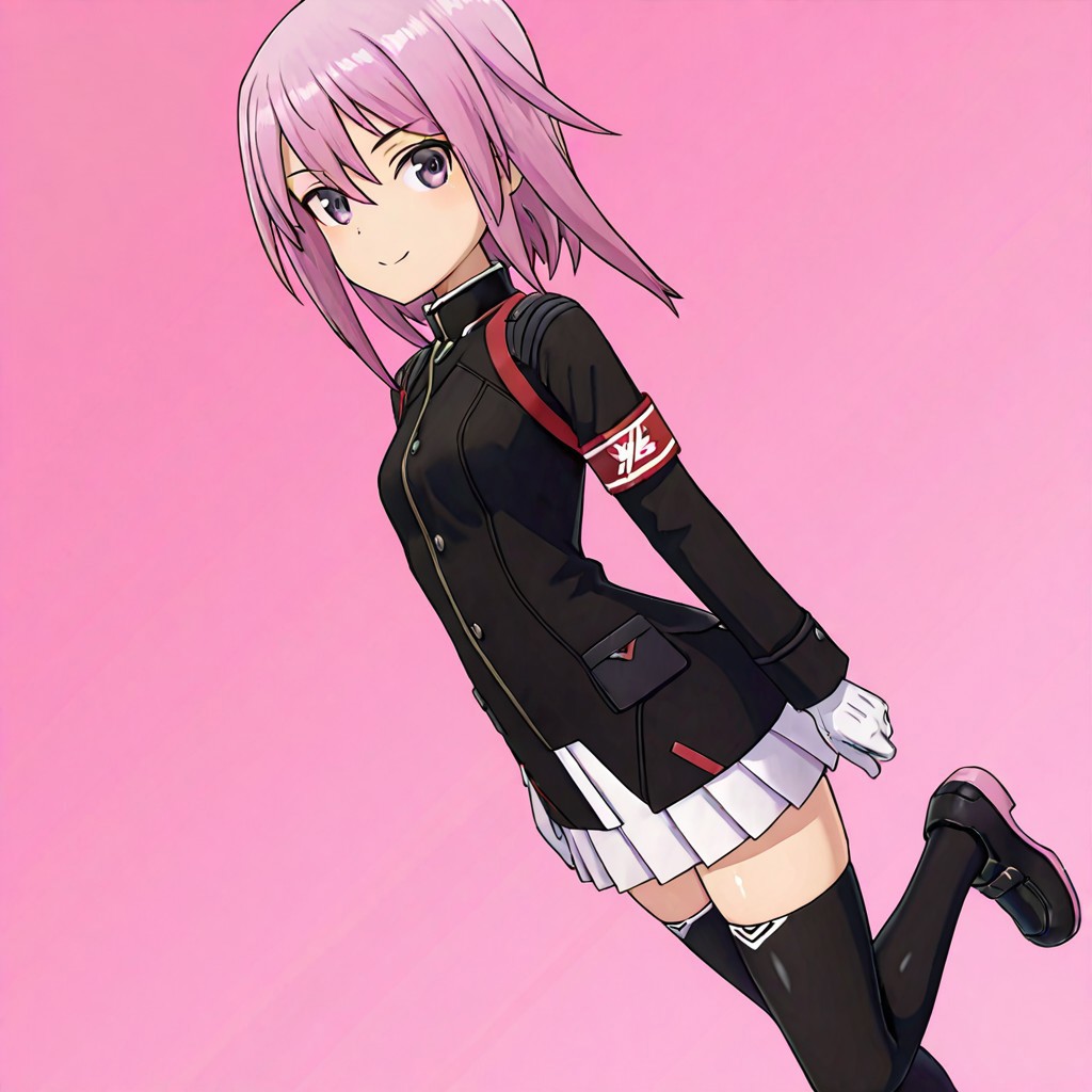 shiny skin,,1girl,,solo, score_9, score_8_up, score_7_up, source_anime,anime screencap,,smile,official costume,yotsuyu,pink hair,full,animacion_y,armband,black jacket,white miniskirt,white gloves,black thighhighs,black footwear,bodyng_deepnegative_v1_75t,an14ng_deepnegative_v1_75t