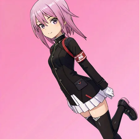 shiny skin,,1girl,,solo, score_9, score_8_up, score_7_up, source_anime,anime screencap,,smile,official costume,yotsuyu,pink hair,full,animacion_y,armband,black jacket,white miniskirt,white gloves,black thighhighs,black footwear,bodyng_deepnegative_v1_75t,an14ng_deepnegative_v1_75t