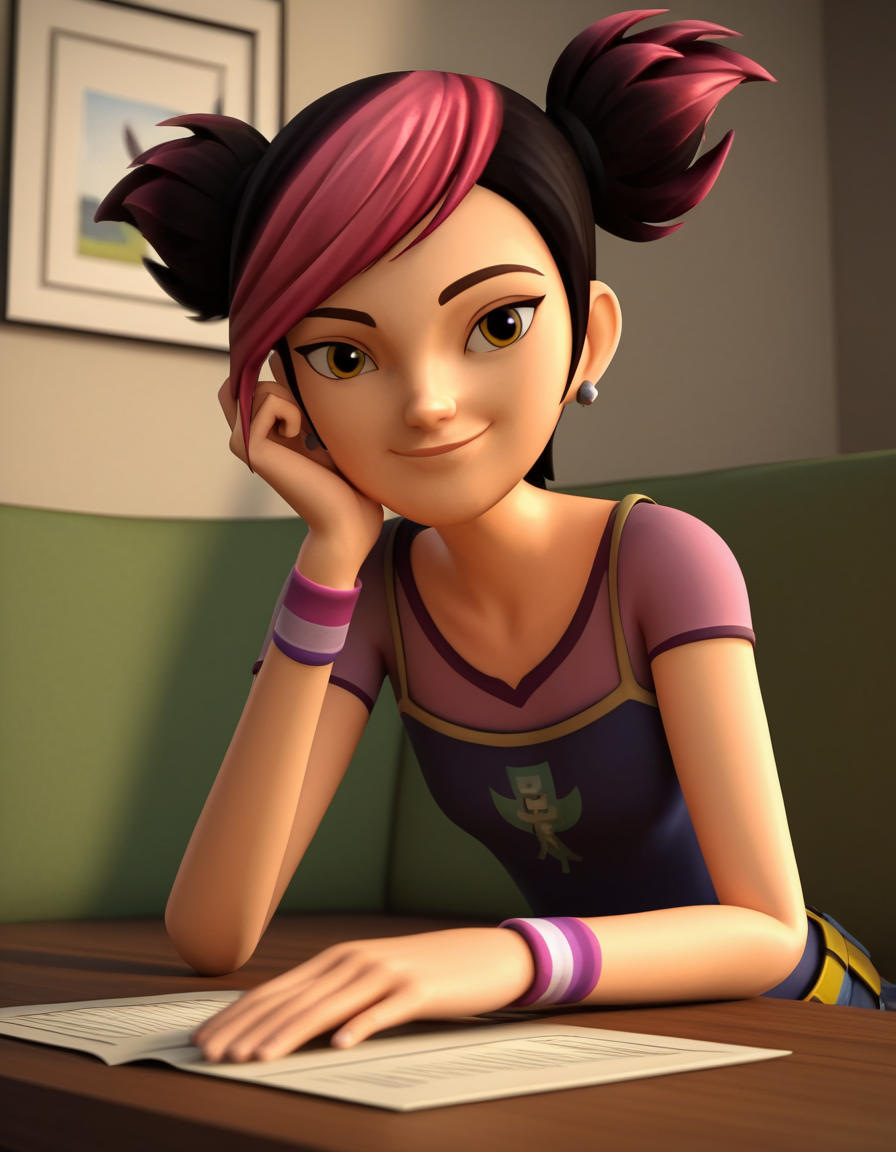 score_9, score_8_up, score_7_up, source_anime, <lora:miko-nakadai-cartoon-ponyxl-lora-nochekaiser:1>, miko nakadai, short hair, black hair, pink hair, multicolored hair, two-tone hair, twintails, streaked hair, 3d,, jewelry, earrings, wristband, camisole, shirt, short sleeves, striped, striped kneehighs, belt, shorts, denim,, indoors, smile, looking at viewer, solo, sitting, head rest, table,, cowboy shot, dutch angle