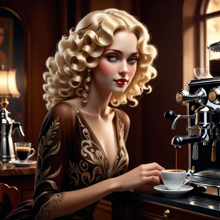 1920 art deco painting of a beautiful woman sitting next to an espresso machine enjoying a cup of fresh brewed espresso, blonde curly hair,  art by alexeyegorov
BREAK 
Deep dark intense brown misty background, Dark theme, dynamic lighting, (soft shadows), (soft focus), (photo realistic), uhd, 8k
