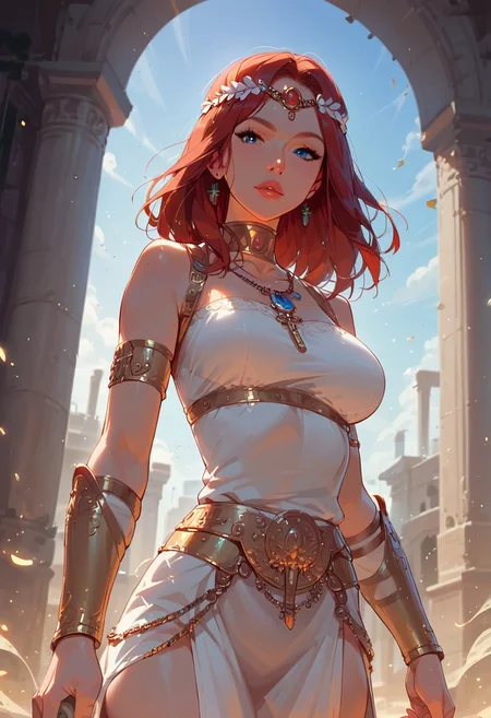 masterpiece, score_9, score_8_up, score_7_up, (best quality:1.1),, ultra-detailed, high resolution, super detailed skin, solo, Highly Visible, 8k, sharp focus, beautiful, perfect lighting, smooth edges , highly detailed face, cowboy shot, dynamic angle, , (dynamic poses:1.1), looking on viewer, (turning head:1.2), standing,
...
1 girl, Portrait of a Greek warrior woman with a sword and a white tunic in an environment of ruins and Ionic capitals,greek female warrior clothes, vegetation, abundance, surrealist style background, ivory and white tones with blue touches, Anna Dittmann, Ilia Kuvshinov, hyper-detailed <lora:Fluxartis 28.11A:1> <lora:detailed_skin_portraits:0.8>masterpiece, best quality, amazing quality, very aesthetic, ultra-detailed, newest,