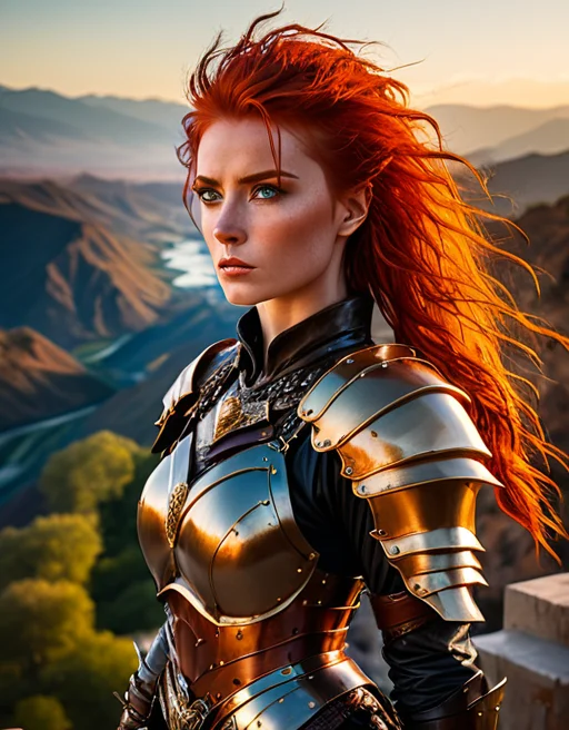 birds eye view of a beautiful warrior woman standing high above on a castle parapet, with a view of the surrounding area, wearing leather armor, red hair blowing in the wind, blue eyes, rivers and mountains, golden hour,  art by Luis Royo . shallow depth of field, vignette, highly detailed, high budget, bokeh, cinemascope, moody, epic, gorgeous
 <lora:add-detail-xl:1> <lora:EpicF4nta5yXL:0.3> <lora:merged:0.3> <lora:zavy-cntrst-sdxl:0.6> <lora:Midjourney_People:1>