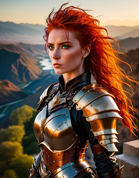 birds eye view of a beautiful warrior woman standing high above on a castle parapet, with a view of the surrounding area, wearing leather armor, red hair blowing in the wind, blue eyes, rivers and mountains, golden hour, art by Luis Royo . shallow depth of field, vignette, highly detailed, high budget, bokeh, cinemascope, moody, epic, gorgeous
<lora:add-detail-xl:1> <lora:EpicF4nta5yXL:0.3> <lora:merged:0.3> <lora:zavy-cntrst-sdxl:0.6> <lora:Midjourney_People:1>