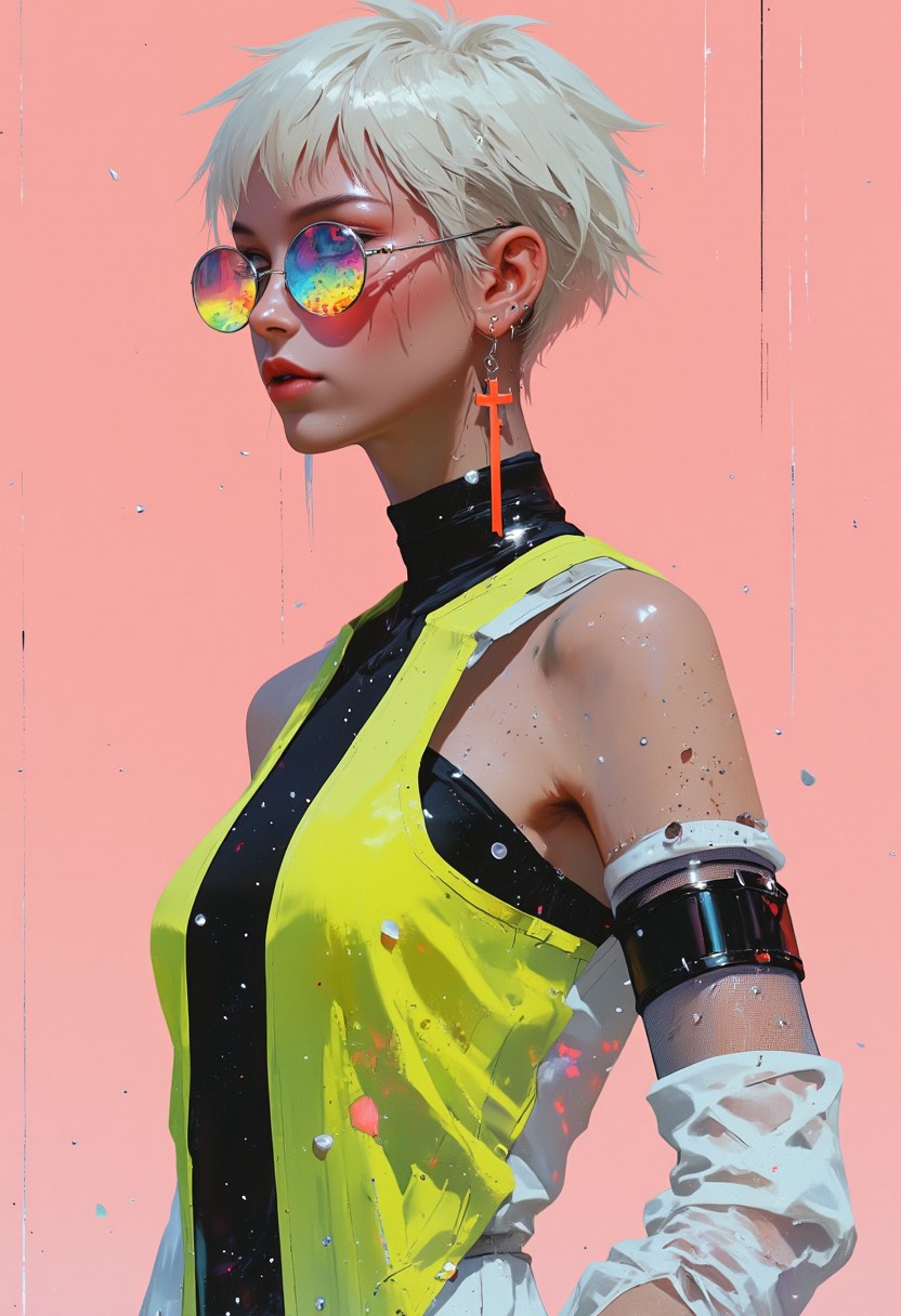 mythp0rt, masterpiece, high quality, 8k, highres. A hyper-realistic, detailed digital portrait captured in a side view, focusing on a 25-year-old woman with very short white hair styled in a bald fade. She wears a bold red holy cross earring and has ear, nose, and eyebrow piercings, adding to her edgy aesthetic. She sports futuristic Cyclops-style sunglasses with a single mirrored lens covering both eyes, giving her an avant-garde, high-tech look. The frame is acetate-based, with vibrant color mirror lenses, enhancing the futuristic vibe. Her outfit, designed by Zedd Plus, is a lime green asymmetric dress with a black vertical stripe down the middle and white mesh panel accents, featuring hitched sides and concealed hip pockets for a modern, artistic silhouette. The background is a soft onion pink, contrasting sharply with her outfit while emphasizing the editorial aesthetic. Shot using a Canon EOS R5 camera with a 50mm f/1.2 lens to capture sharp details and dynamic depth of field, the image exemplifies high-fashion photography. Styled in the signature "Techno-Couture" photography style by Adrienne Lotus for *Vogue Italia*, this award-winning editorial portrait masterfully blends futuristic design, modernism, and high fashion.. <lora:Flux Detailer V2:1.00> <lora:blue-and-white style 2D v1.0:0.80> <lora:Luminous Shadowscape V1:0.60> <lora:Hands XL + SD 1.5 + FLUX.1-dev Hand F1D v2.0:1.00> <lora:Velvet's Mythic Fantasy Styles | Flux + Pony Flux Original:0.80>