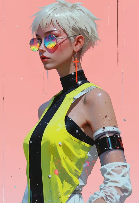 mythp0rt, masterpiece, high quality, 8k, highres. A hyper-realistic, detailed digital portrait captured in a side view, focusing on a 25-year-old woman with very short white hair styled in a bald fade. She wears a bold red holy cross earring and has ear, nose, and eyebrow piercings, adding to her edgy aesthetic. She sports futuristic Cyclops-style sunglasses with a single mirrored lens covering both eyes, giving her an avant-garde, high-tech look. The frame is acetate-based, with vibrant color mirror lenses, enhancing the futuristic vibe. Her outfit, designed by Zedd Plus, is a lime green asymmetric dress with a black vertical stripe down the middle and white mesh panel accents, featuring hitched sides and concealed hip pockets for a modern, artistic silhouette. The background is a soft onion pink, contrasting sharply with her outfit while emphasizing the editorial aesthetic. Shot using a Canon EOS R5 camera with a 50mm f/1.2 lens to capture sharp details and dynamic depth of field, the image exemplifies high-fashion photography. Styled in the signature "Techno-Couture" photography style by Adrienne Lotus for *Vogue Italia*, this award-winning editorial portrait masterfully blends futuristic design, modernism, and high fashion.. <lora:Flux Detailer V2:1.00> <lora:blue-and-white style 2D v1.0:0.80> <lora:Luminous Shadowscape V1:0.60> <lora:Hands XL + SD 1.5 + FLUX.1-dev Hand F1D v2.0:1.00> <lora:Velvet's Mythic Fantasy Styles | Flux + Pony Flux Original:0.80>