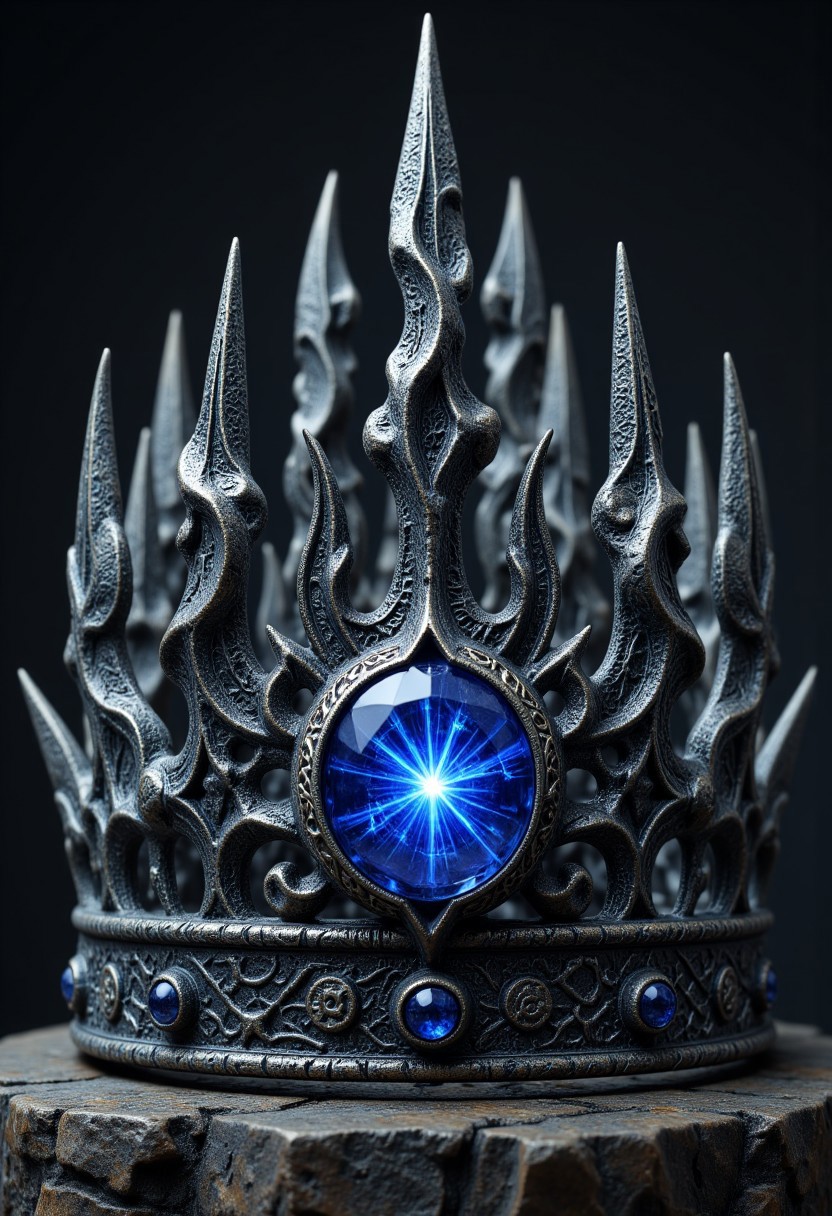 A crown of intertwined silver and blackened steel, its spires jagged and uneven, resembling a frozen storm. At its center, a sapphire the size of a clenched fist pulses faintly, emitting a ghostly blue light that flickers in time with the wearer’s heartbeat. The inside of the crown is lined with ancient carvings, their meanings lost to history, but when pressed against the head, faint whispers in a forgotten language creep into the mind.
   , aidmamjv7, aidmaHyperrealism, aidmaimageupgrader