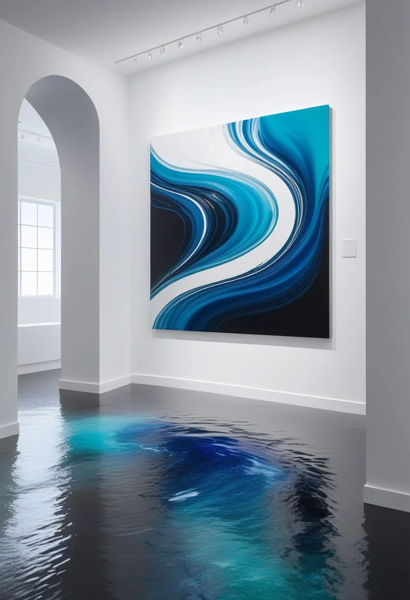 A captivating conceptual artwork featuring a minimalist gallery space, with a monochrome fluid flowing from a painting on the wall, transitioning into a vibrant, colorful stream resembling a river meandering through the space.
The main focus is on the monochrome fluid flowing from a painting on the wall, gradually transitioning into a vibrant, colorful stream resembling a river, symbolizing creativity and the power of art. The atmosphere is serene, inviting contemplation of artistic expression and the transformative nature of color.
Background: A minimalist gallery space with clean lines and neutral colors to contrast with the explosion of vibrant colors from the fluid.
Color: Monochrome at the beginning with a gradual transition to vibrant, colorful tones as the fluid reaches the floor.
Lighting: Soft, ambient lighting to enhance the serene atmosphere and highlight the colors of the flowing fluid.