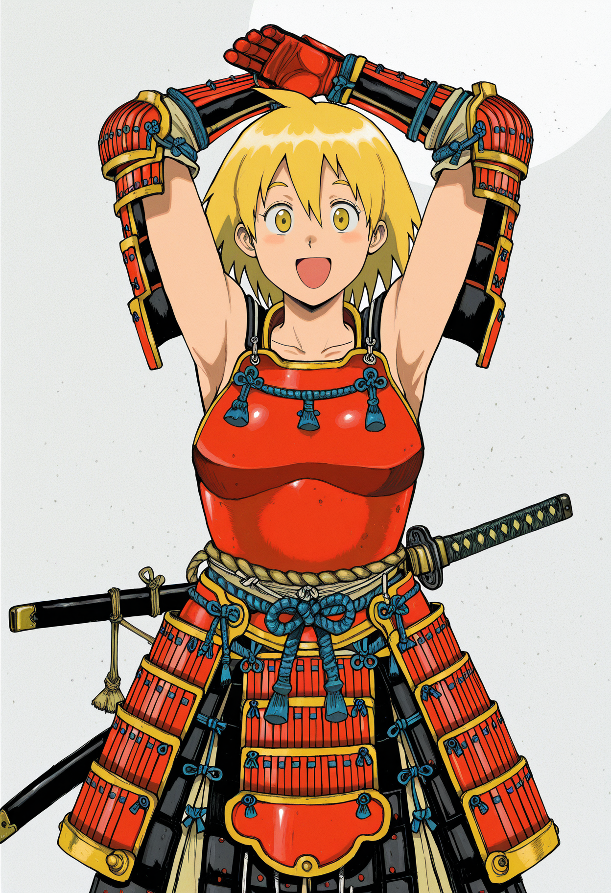 1girl, solo, armor, japanese armor, weapon, blonde hair, sword, samurai, kote, armpits, sheath, open mouth, smile, arms up, kusazuri, sheathed,
<lora:QHayashidaIL-style:1>, qhayashidastyle312,masterpiece,best quality,amazing quality,