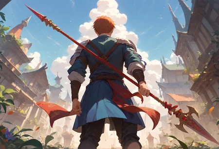 score_9, score_8_up, score_7_up, 1boy holding polearm from behind, facing away, perspective
<lora:holding_polearm_from_behind_pose_final:1>