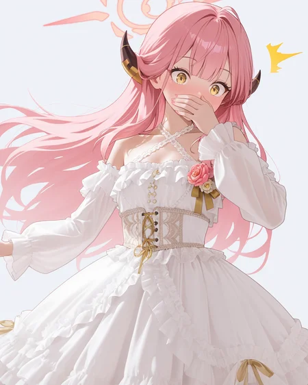 Positive: Masterpiece, best quality, amazing quality, very aesthetic, high resolution, ultra-detailed, absurdres,
1girl,solo,white_background,
zzAru, yellow eyes, pink hair, long hair, demon horns, halo,
white off-shoulder lace ruffled dress,
white dress,white off-shoulder,lace,frills,
criss-cross halter,
corsage,jewelry,
long sleeves,detached sleeves,
cowboy_shot, surprised,covering mouth