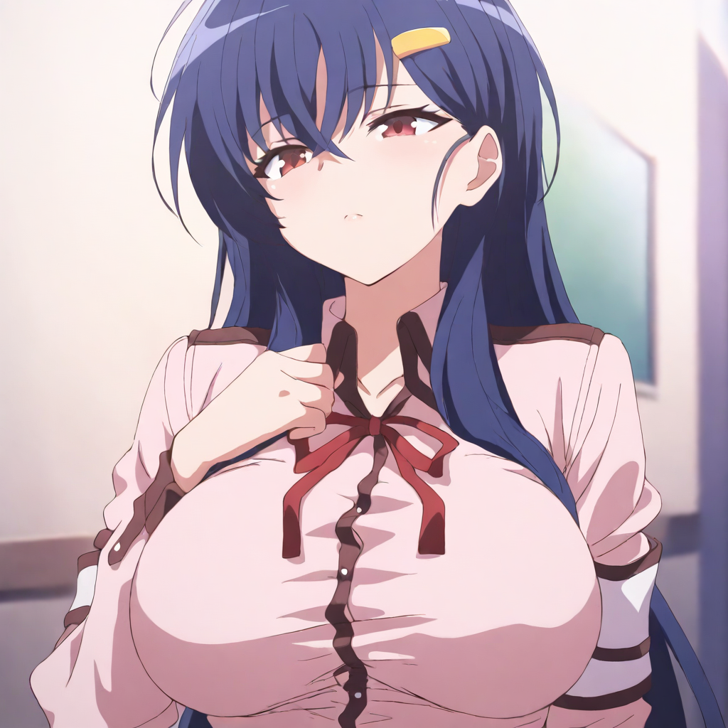 masterpiece,high score,great score,absurdres,<lora:Reiko AnimagineXL v1:1> reiko, blue hair, long hair, hairclip, red eyes, large breasts,school uniform,