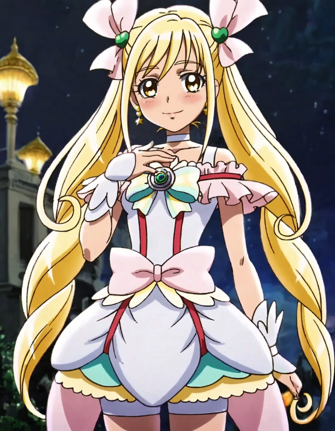 score_9, score_8_up, score_7_up,anime screencap,1girl,solo,cureecho, white choker, waist bow, choker, pink bow,  smile, magical girl, hair ornament, ribbon, jewelry, skirt,wrist cuffs,  hair ribbon, looking at viewer, dress, bike shorts under skirt, frills, brooch, heart,medium breasts,blush,<lora:cureecho:0.8>